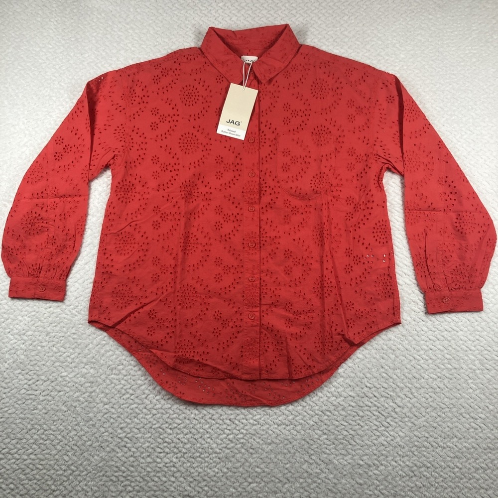 JAG Women Relaxed Button-Down Shirt Small Red Eyelet MSRP $78